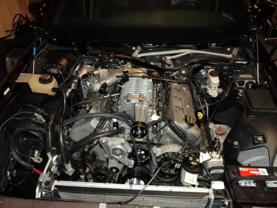 Supercharged V8 engine bay with visible supercharger, alternator, and battery. Some hoses and wiring are present