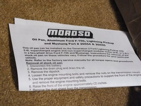 2003 Ford Crown Victoria - Moroso aluminum oil pan (PN 20554 and 20555) installation sheet for Gen-2 Ford Lightning 5.4L and 2WD F-150/Mustang 4.6L/5.4L modular engin…
