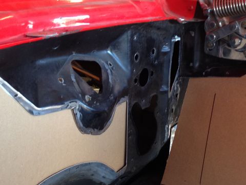 1964 Ford Fairlane - Firewall area of a car undergoing repair, showing metalwork and templates for fabrication.