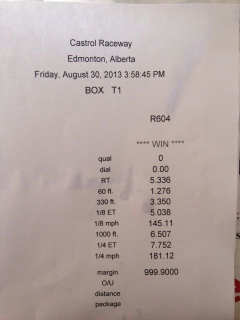 1965 Ford Fairlane - A racing slip from Castrol Raceway in Edmonton, Alberta, details race results from August 30, 2013.