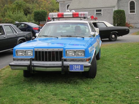 2001 Ford Crown Victoria - A blue and white police car with a light bar is parked on a lawn, with other vehicles visible in the background.