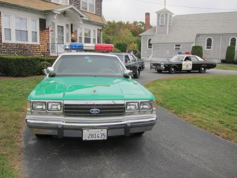 2001 Ford Crown Victoria - A green police car with a light bar is parked in front of a house, with two other police cars visible in the background.