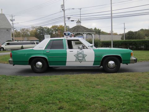 2001 Ford Crown Victoria - This green and white sheriff's car, appearing to be a 1998 Ford Crown Victoria, is parked on a road with a white limousine in the backgroun…