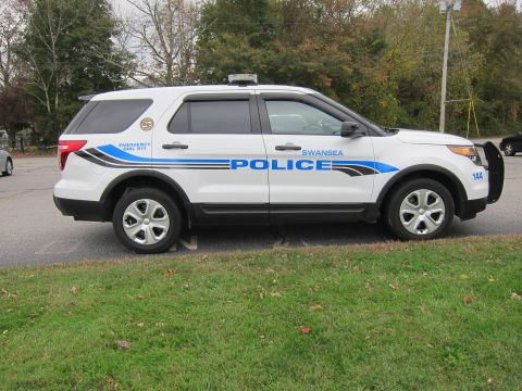 2001 Ford Crown Victoria - A white police SUV is parked on the side of the road with trees in the background.