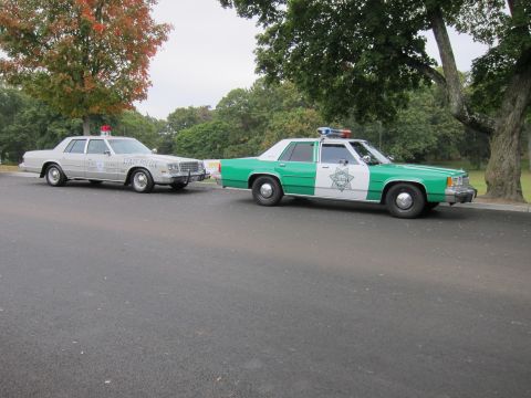2001 Ford Crown Victoria - Two police cars, one green and white and the other silver, are parked on asphalt with trees in the background.