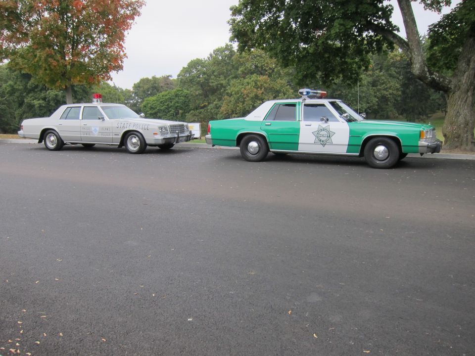 Side view of two police cars, one white, one green and white