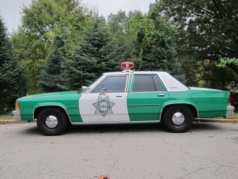 2001 Ford Crown Victoria - This Sheriff's car has a two-tone green and white paint scheme with a star badge on the door.