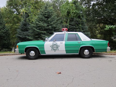 2001 Ford Crown Victoria - Photograph of a classic green-and-white Sheriff sedan, not a technical document.