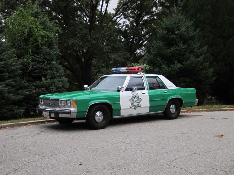2001 Ford Crown Victoria - Photograph of a green-and-white sheriff Ford Crown Victoria police car, not a technical document.