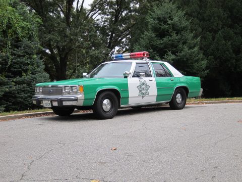 2001 Ford Crown Victoria - Photograph of a green-and-white sheriff Ford Crown Victoria police car, not a technical document.