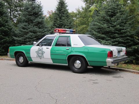 2001 Ford Crown Victoria - Photograph of a green-and-white sheriff Ford Crown Victoria police car, not a technical document.