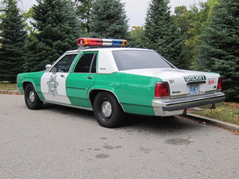 2001 Ford Crown Victoria - A two-tone green and white police car is parked on a street, displaying a sheriff's emblem and emergency lights.