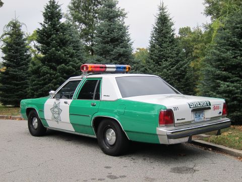 2001 Ford Crown Victoria - Photograph of a green-and-white sheriff Ford Crown Victoria police car, not a technical document.