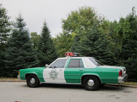 2001 Ford Crown Victoria - Photograph of a green-and-white sheriff Ford Crown Victoria police car, not a technical document.
