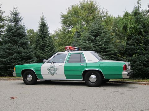 2001 Ford Crown Victoria - Photograph of a green-and-white sheriff Ford Crown Victoria police car, not a technical document.