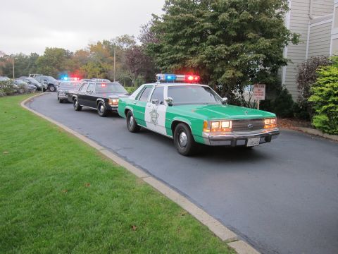 2001 Ford Crown Victoria - Photograph of police sedans with emergency lights active, not a technical document.