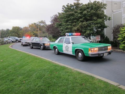 2001 Ford Crown Victoria - Photograph of patrol cars with emergency lights active, not a technical document.