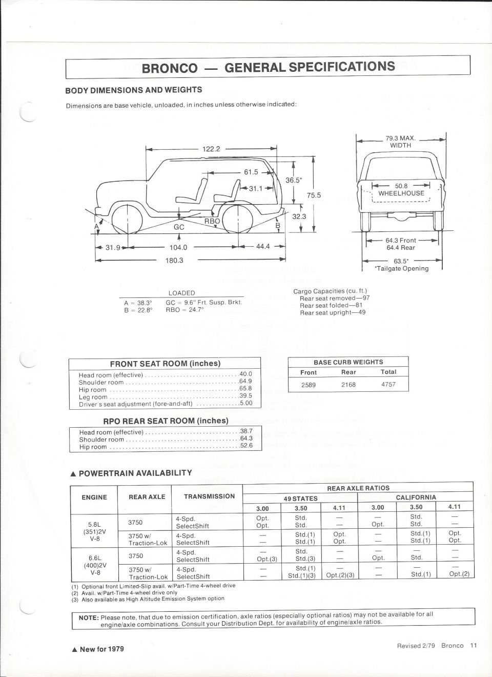 1979 Bronco general specifications page with dimensioned body drawings, seat room and powertrain table