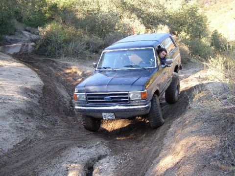 1989 Ford Bronco - A dark blue 1987 Ford Bronco navigates a challenging dirt trail, its off-road capabilities.