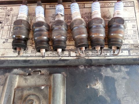 1981 Ford Bronco - Six Motorcraft spark plugs are laid out on top of a vehicle emissions document. The spark plugs are arranged in a row, with their ceramic i…
