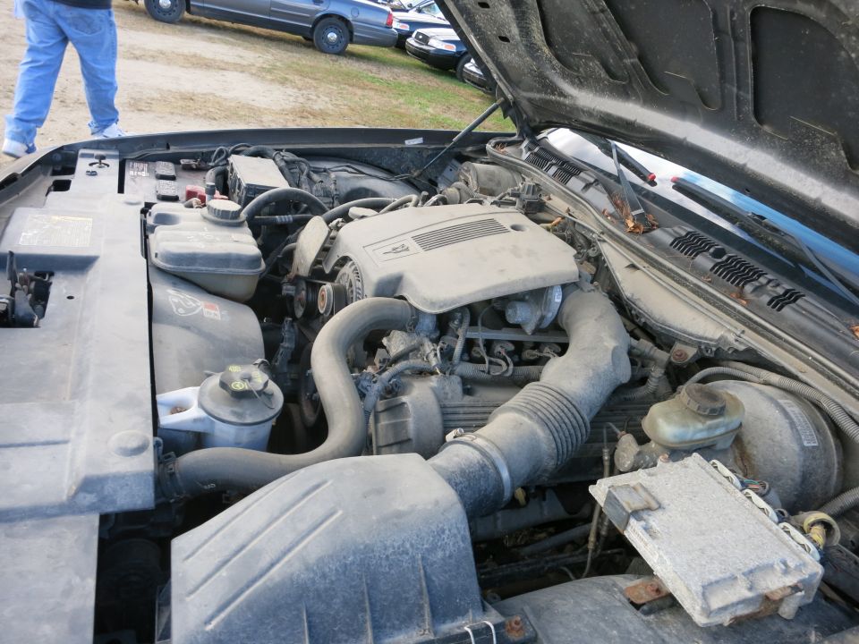 Engine bay of a 1991 Ford Crown Victoria LTD, dusty, with hood open. Visible engine components and other vehicles in background
