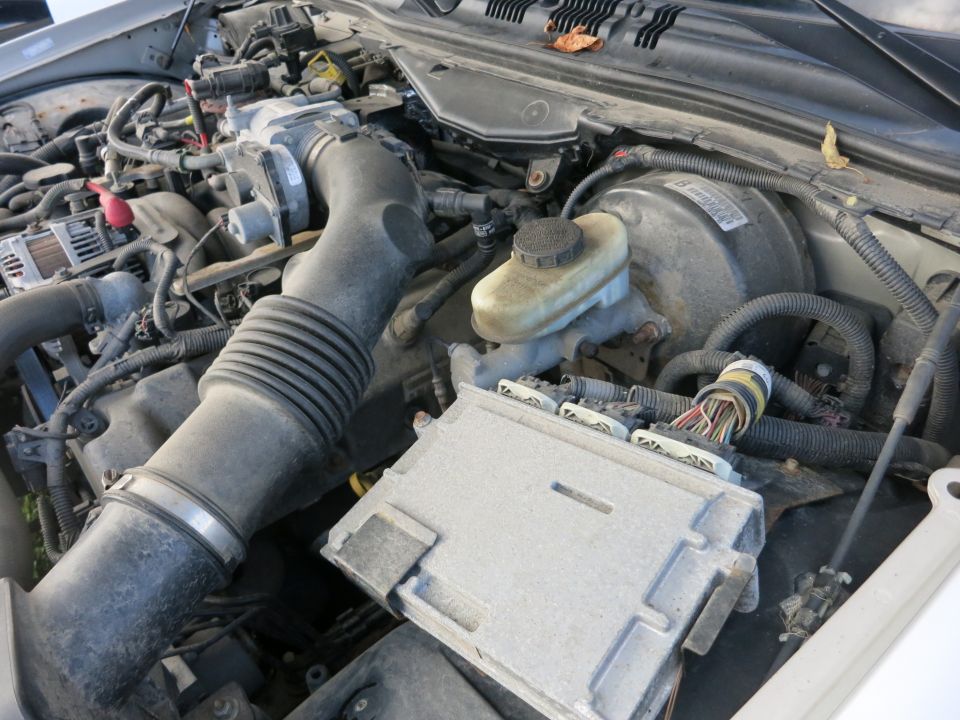 Engine compartment of a 1991 Ford Crown Victoria LTD, showing the air intake, brake fluid reservoir, and engine control module