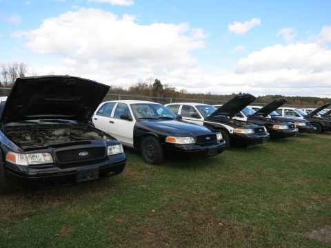 1991 Ford LTD Crown Victoria - Multiple Ford Crown Victorias are lined up in a grassy lot under a cloudy sky, several with hoods open.
