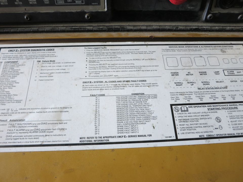 EMCP II generator control panel decal listing system diagnostic and fault codes with conditions and starting procedure