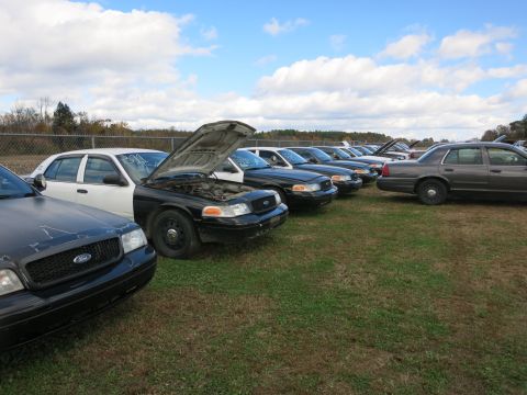 1991 Ford LTD Crown Victoria - A lineup of Ford Crown Victoria police cars sits in a grassy lot under a partly cloudy sky.
