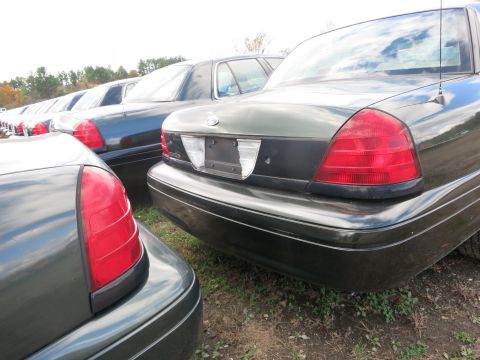 1991 Ford LTD Crown Victoria - Multiple dark green sedans are lined up in a parking lot, viewed from the rear.