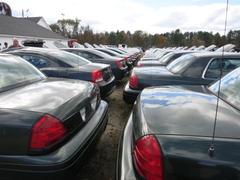 1991 Ford LTD Crown Victoria - Multiple dark green Ford Crown Victorias are parked in rows under a cloudy sky.