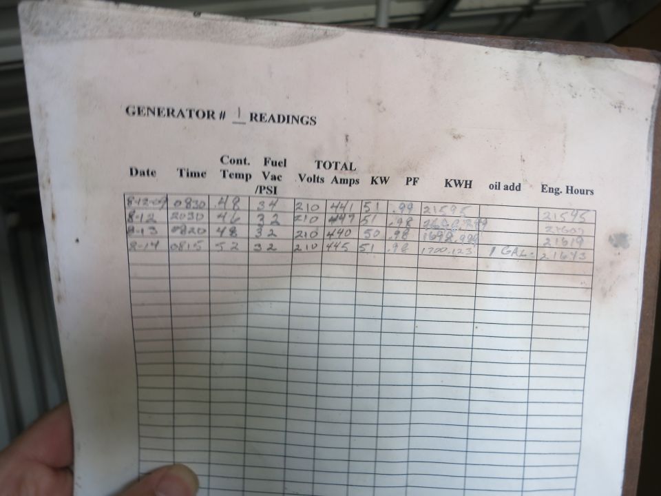 Handwritten generator readings log sheet with date, volts, amps, kW and engine hours