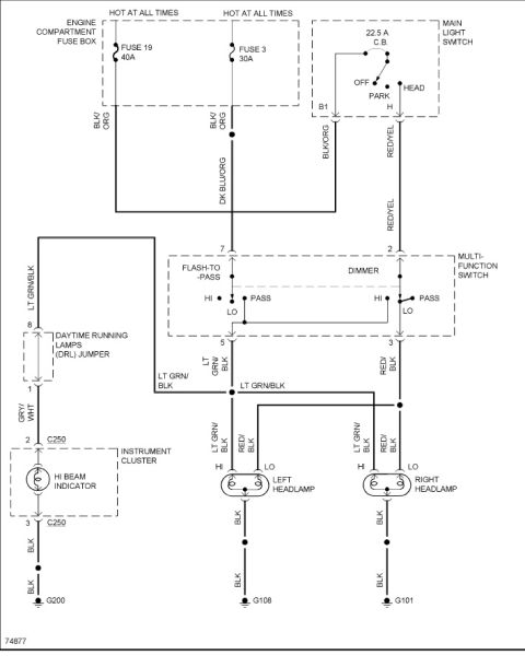 1994 Ford Bronco - Wiring diagram of the headlamp circuit including main light switch, fuses, daytime running lamps, and color-coded wiring.