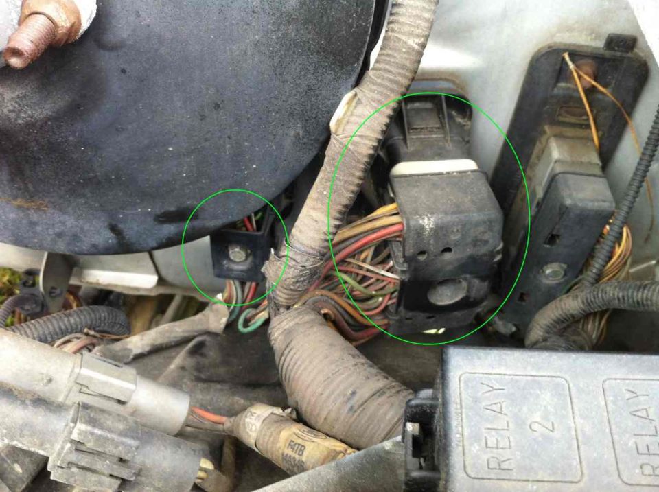 Close-up of vehicle wiring harness and connectors in engine bay.