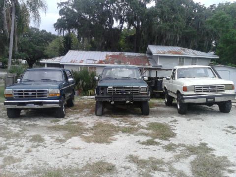 1996 Ford Bronco - Front view of three full-size Ford Broncos lined up on a sandy gravel lot beside a rusty tin-roofed outbuilding and moss-hung oaks. Left to…