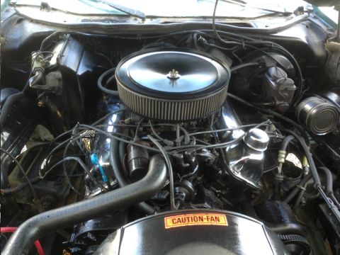 1973 Ford Ranchero - Engine bay details including air cleaner and warning sticker.